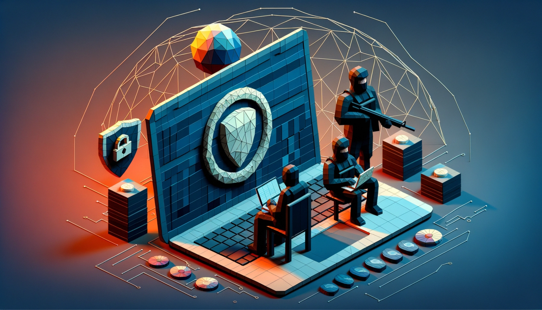 ** Digital security scene with figures analyzing data, shield, and globe backdrop.