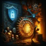 ** A dimly lit scene showing a figure with a glowing mask, gears, and skulls, conveying a steampunk aesthetic.