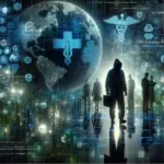 Silhouettes of people in a digital world with health symbols and binary code in a futuristic setting.