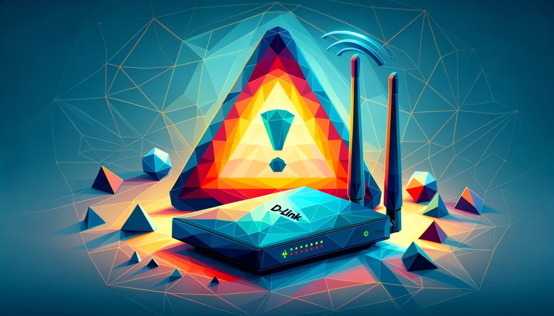 ** Abstract illustration of a router with a warning symbol and geometric shapes.