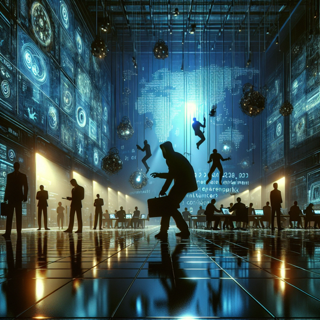 ** Futuristic digital space with silhouetted figures and glowing screens.