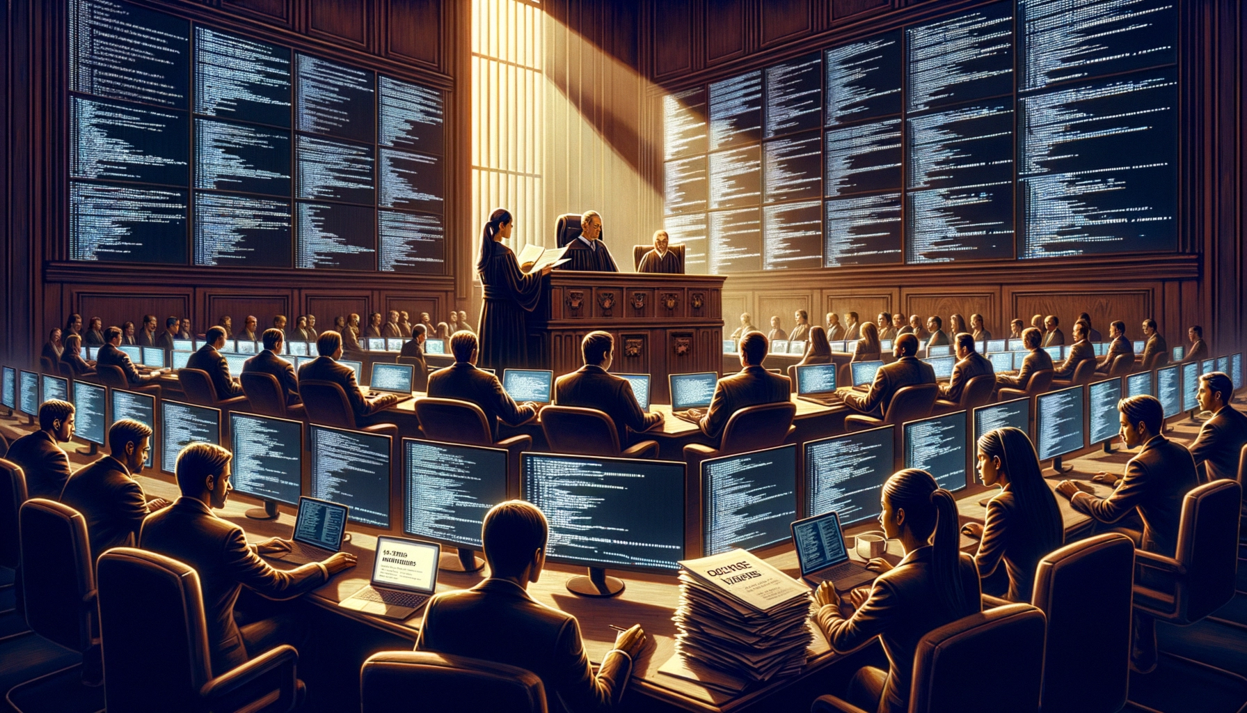 ** A high-tech courtroom filled with individuals at computers and large screens displaying data.