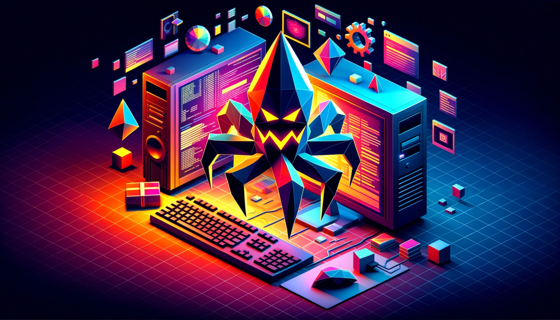 ** Abstract digital scene featuring a colorful octopus-like figure among computers and geometric shapes.