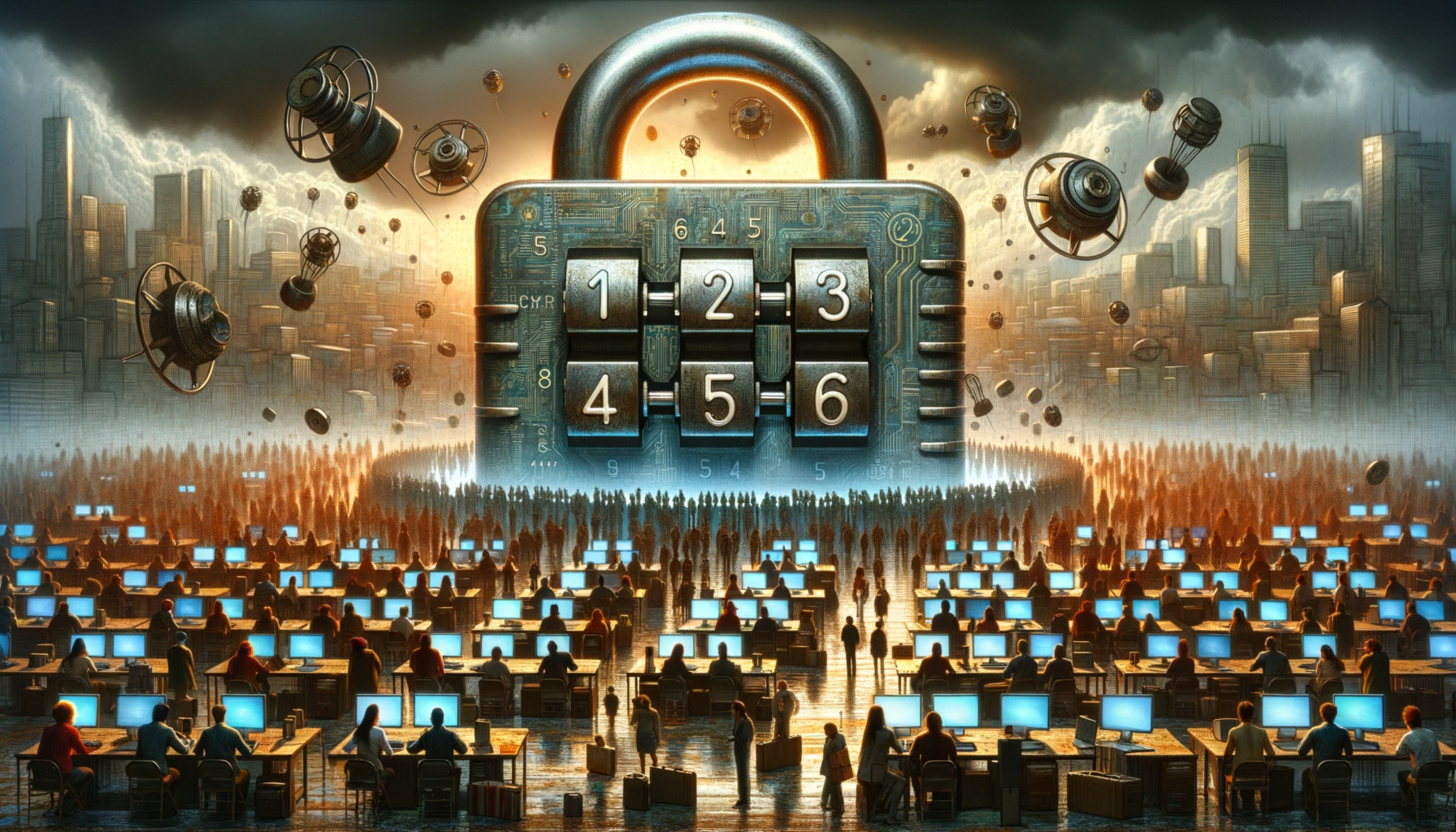 ** A large digital padlock looms over a crowd of people working at computers against a futuristic city backdrop.