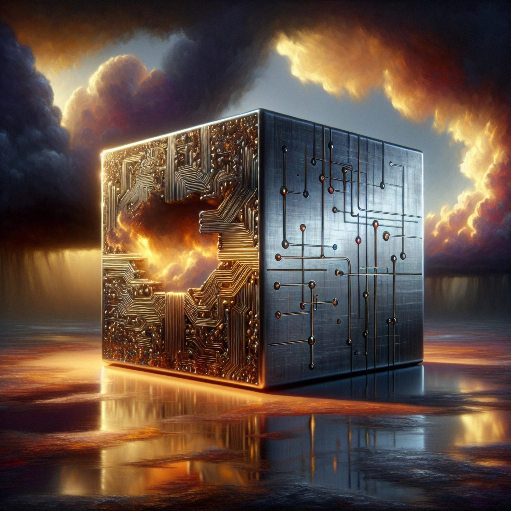 A metallic cube with glowing circuitry and a fiery core, set against a dramatic cloudy sky.