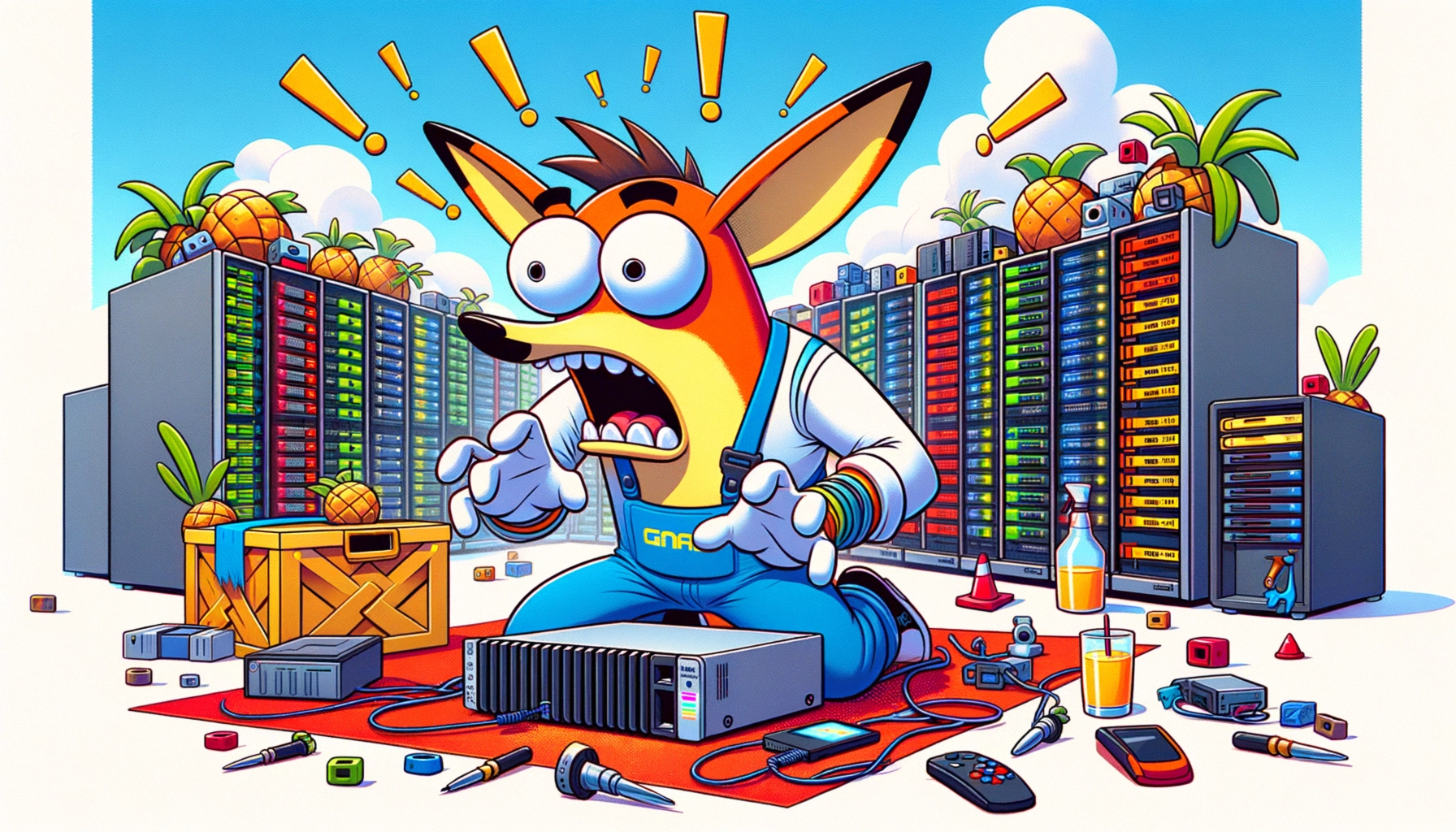 ** Cartoon character panicking in a colorful tech-filled room with stacks of servers.