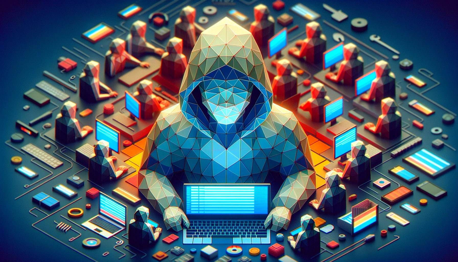 ** A geometric figure in a hoodie uses a laptop surrounded by abstract shapes and faceless figures at computers.