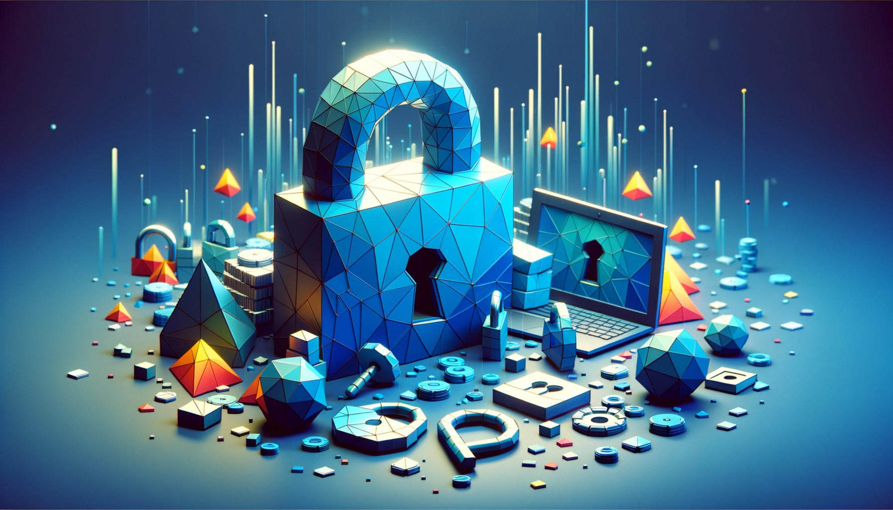 ** 3D geometric shapes, a lock, and a laptop symbolize digital security and encryption.