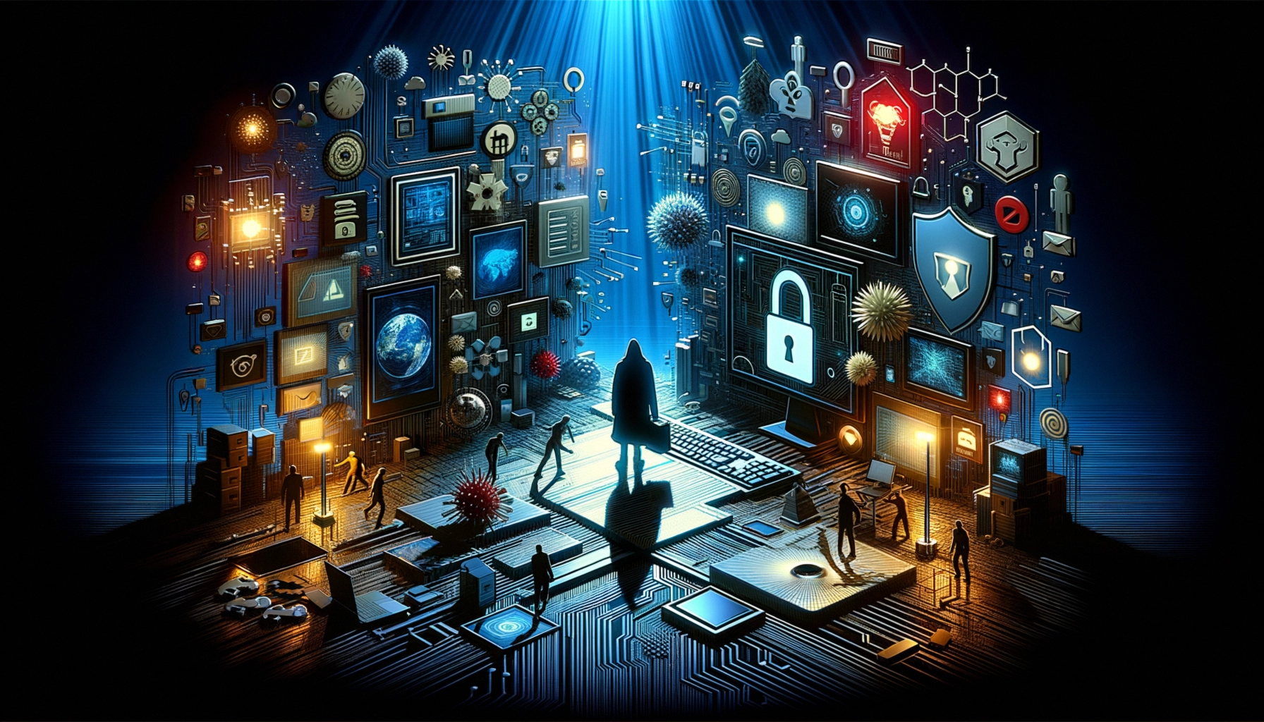 ** A digital landscape featuring silhouettes, security symbols, and tech elements, embodying cybersecurity themes.