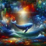 ** A majestic whale swims through vibrant, abstract waves of color and light.