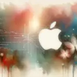 Логотип Apple на фоне абстрактной цветной композиции с кодом и цветами.