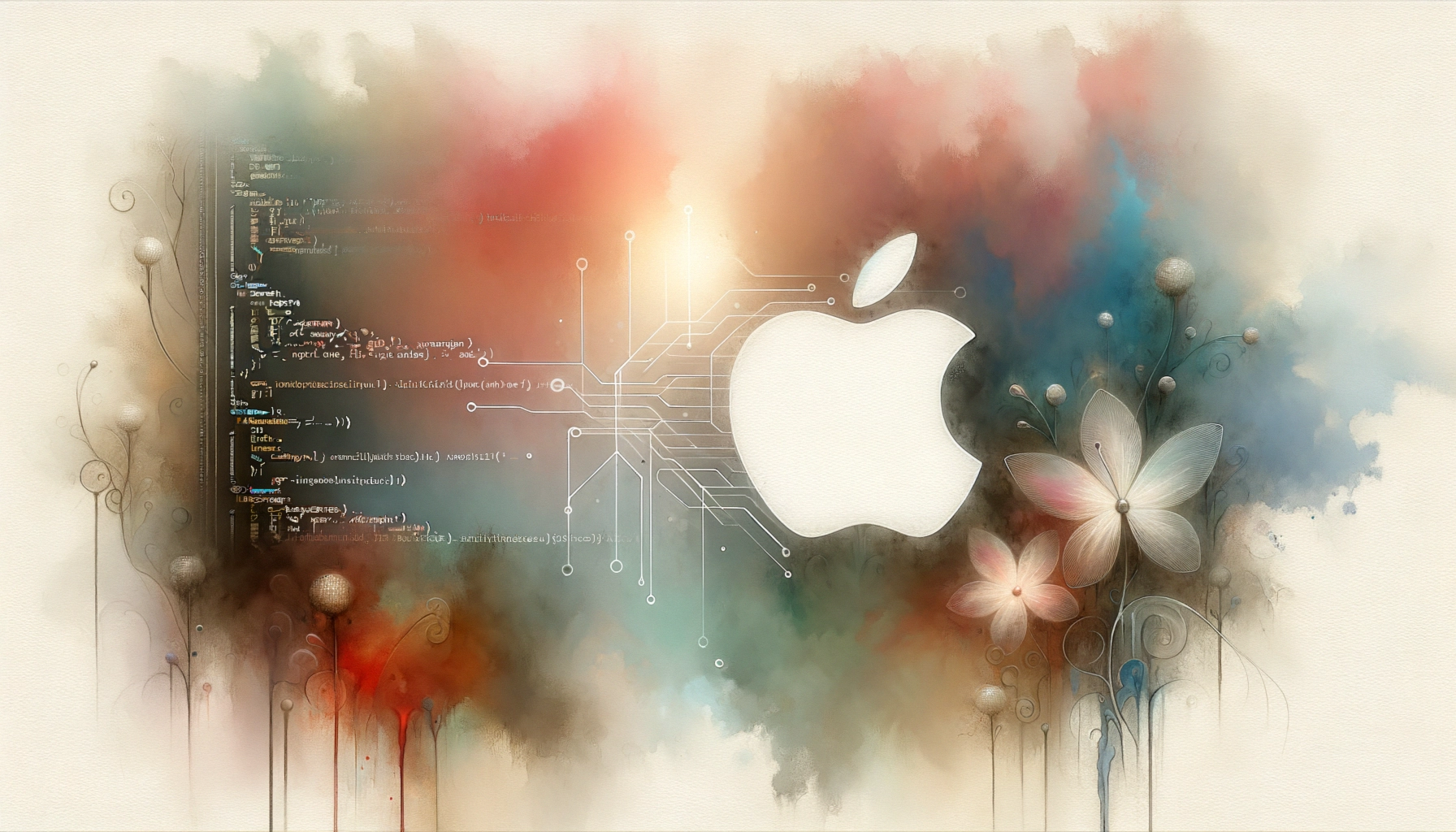 ** Abstract art combining coding, Apple's logo, and floral elements.