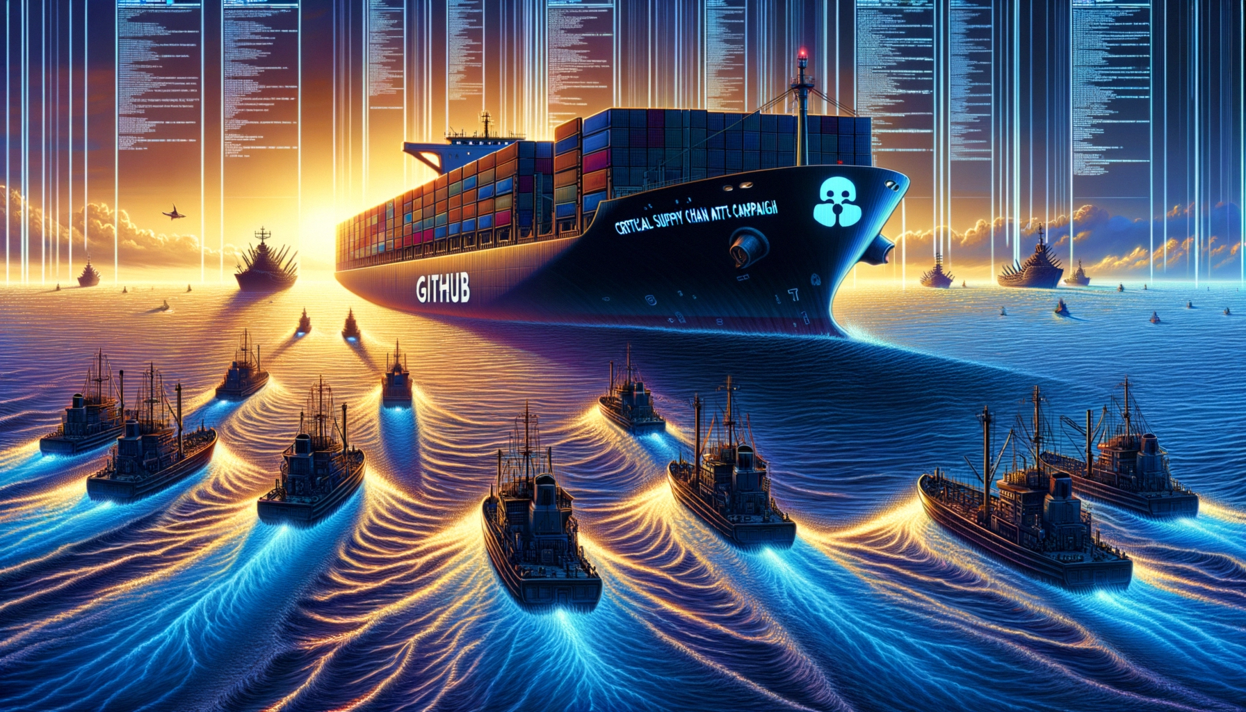 ** Large cargo ship named "GITHUB" with smaller boats, set against a vibrant sunset backdrop.