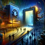 ** A futuristic scene with a glowing doorway, people walking, and abstract city elements in vibrant colors.