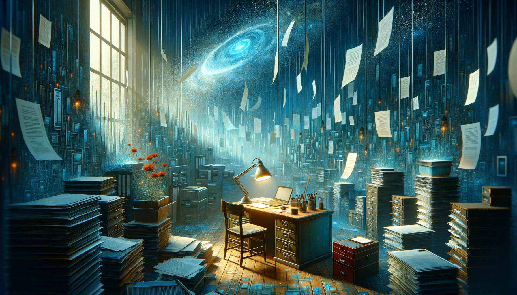 ** A mystical office with floating papers, stacks of files, and a cosmic scene beyond the window.