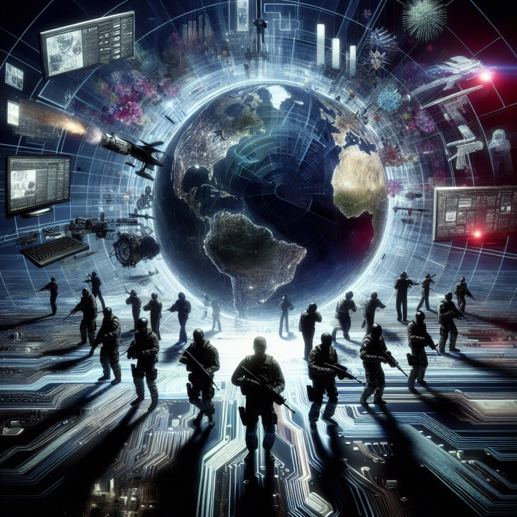 ** A futuristic scene showing armed figures around a glowing globe intertwined with technology and data elements.