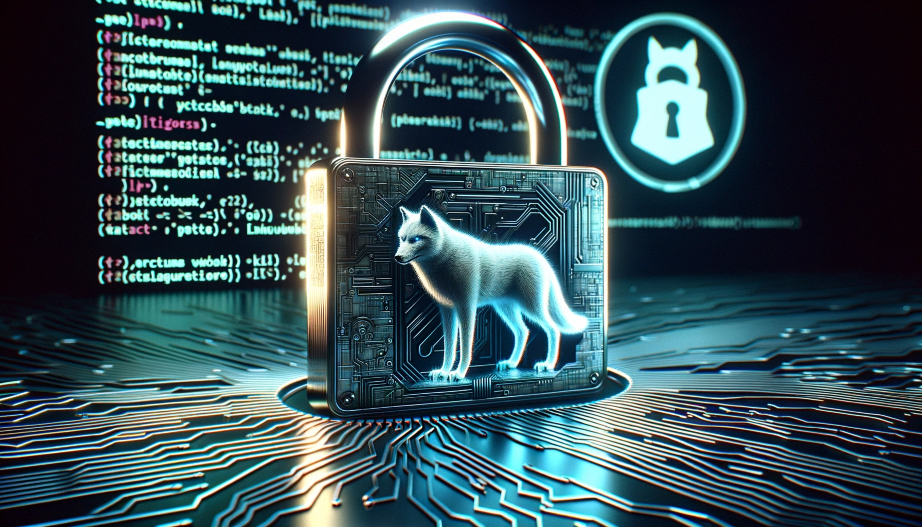 ** Digital padlock with a glowing wolf and binary code in the background.