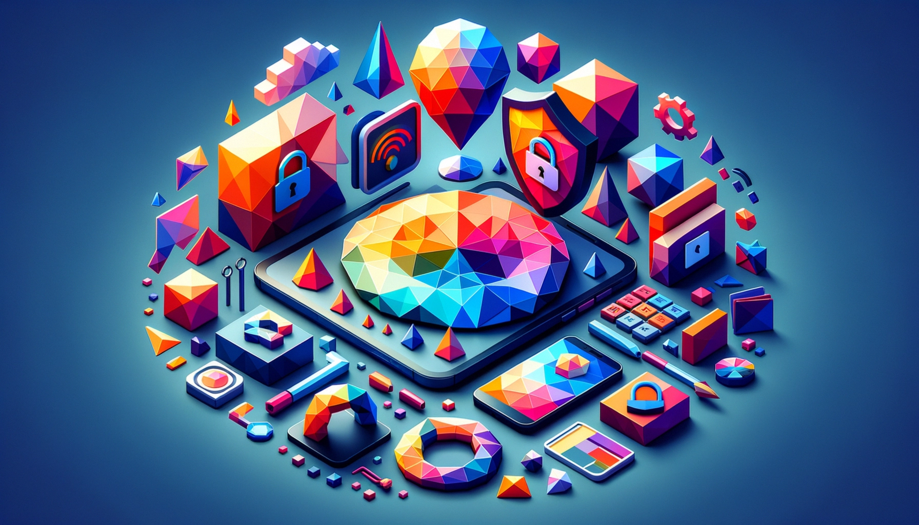 ** Colorful geometric shapes representing technology and security concepts.