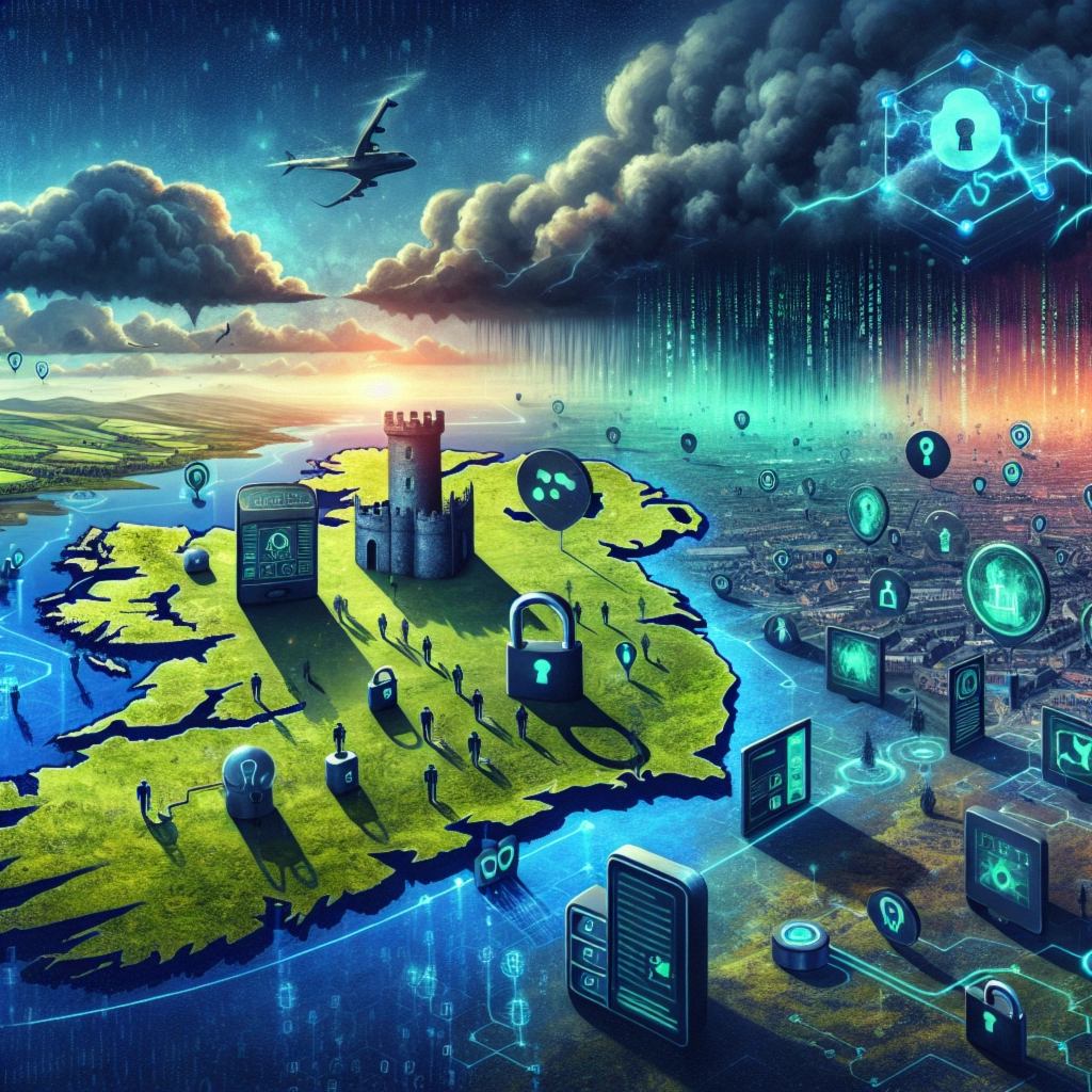 A stylized map of Ireland with digital elements and a castle under a dramatic sky.