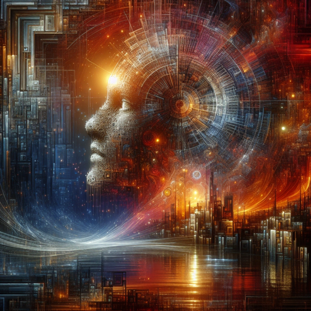 Abstract depiction of a human face fused with digital elements and a vibrant cosmic background.