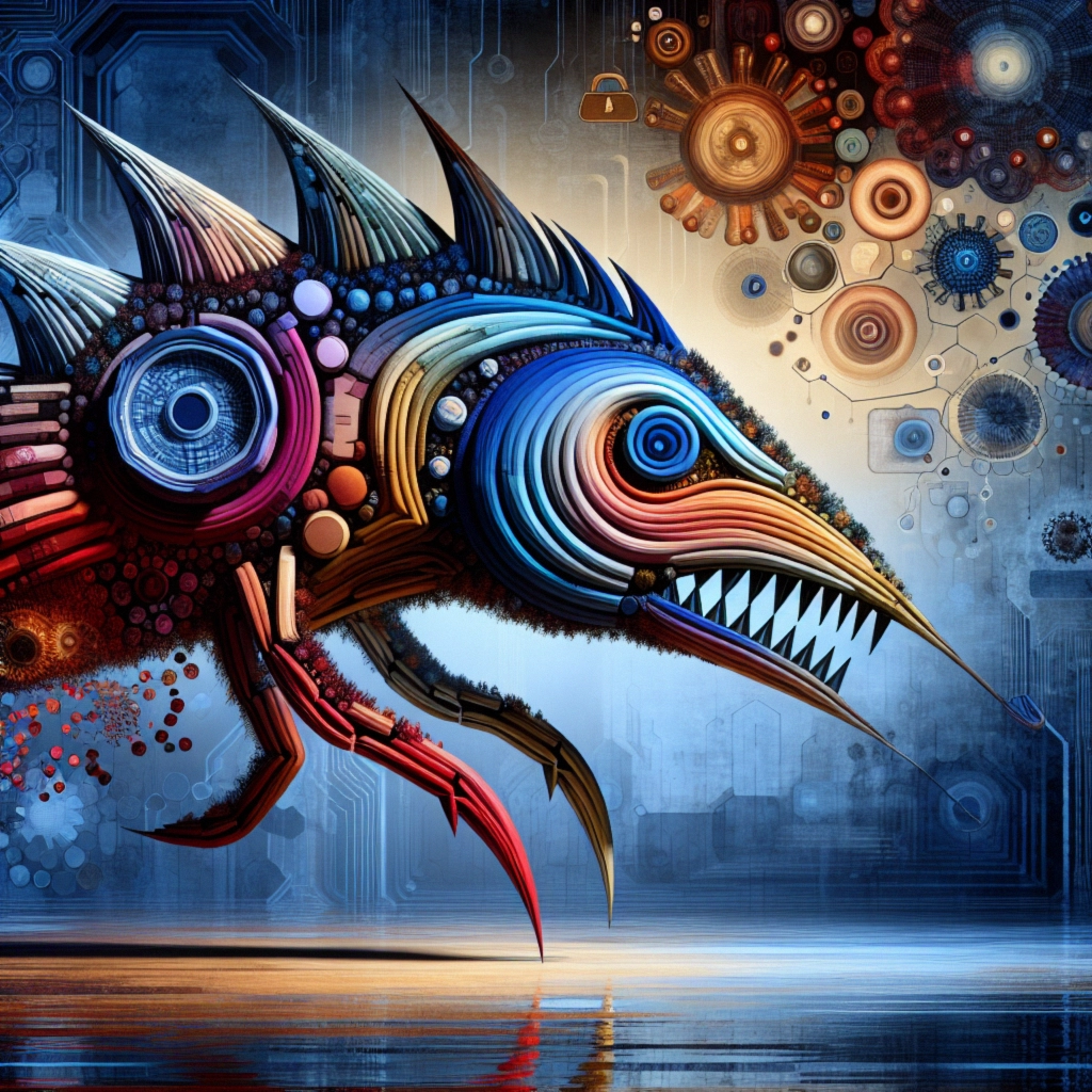 ** A vibrant, stylized fish creature with colorful, circular patterns swims against a tech-inspired background.