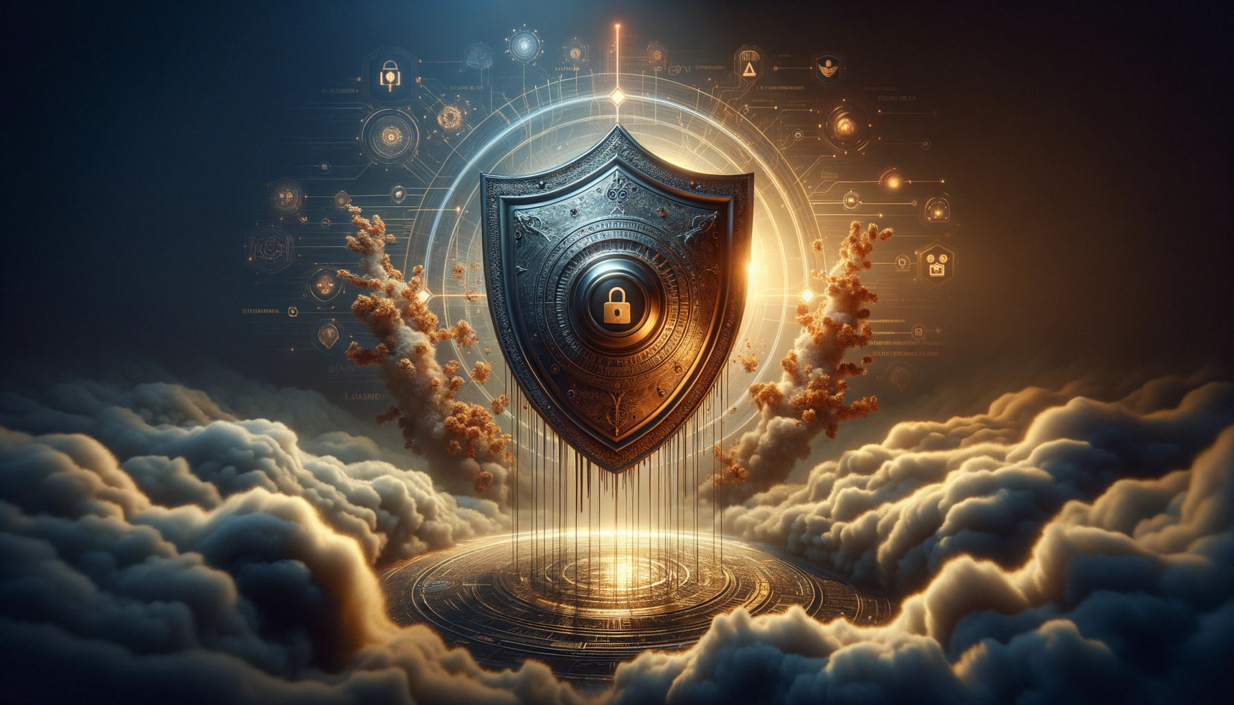 ** A shining shield with a lock design, set against glowing clouds and digital icons, symbolizes security and protection.