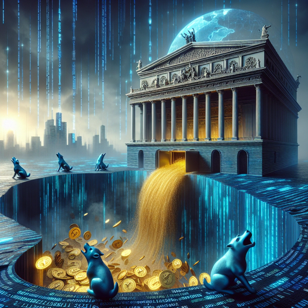 ** Futuristic temple pouring gold coins into a digital abyss, with blue dogs and binary code in the atmosphere.