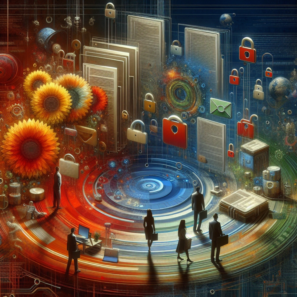 Abstract digital scene featuring figures, locks, documents, and vibrant colors.