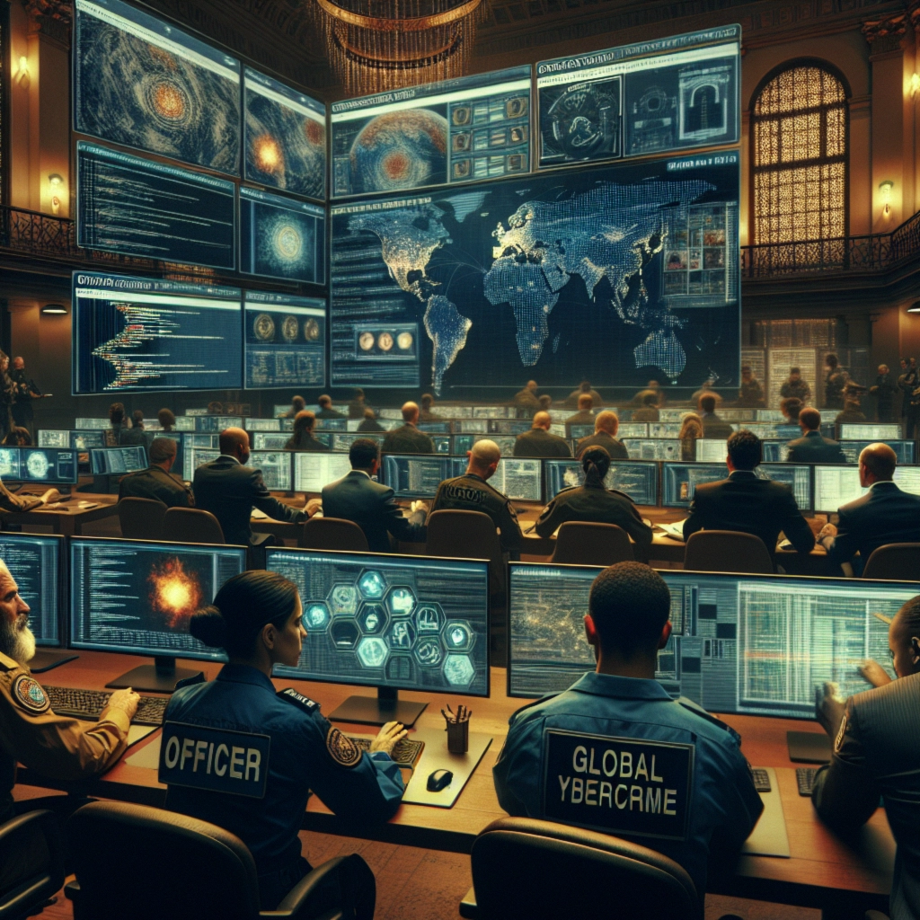 ** Control room filled with personnel at computer stations, displaying maps and data on large screens.