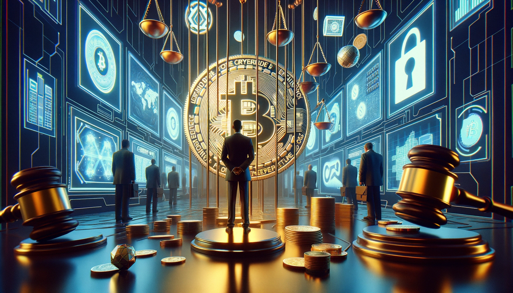 ** A silhouetted figure stands before a large Bitcoin symbol amidst digital screens and coins.