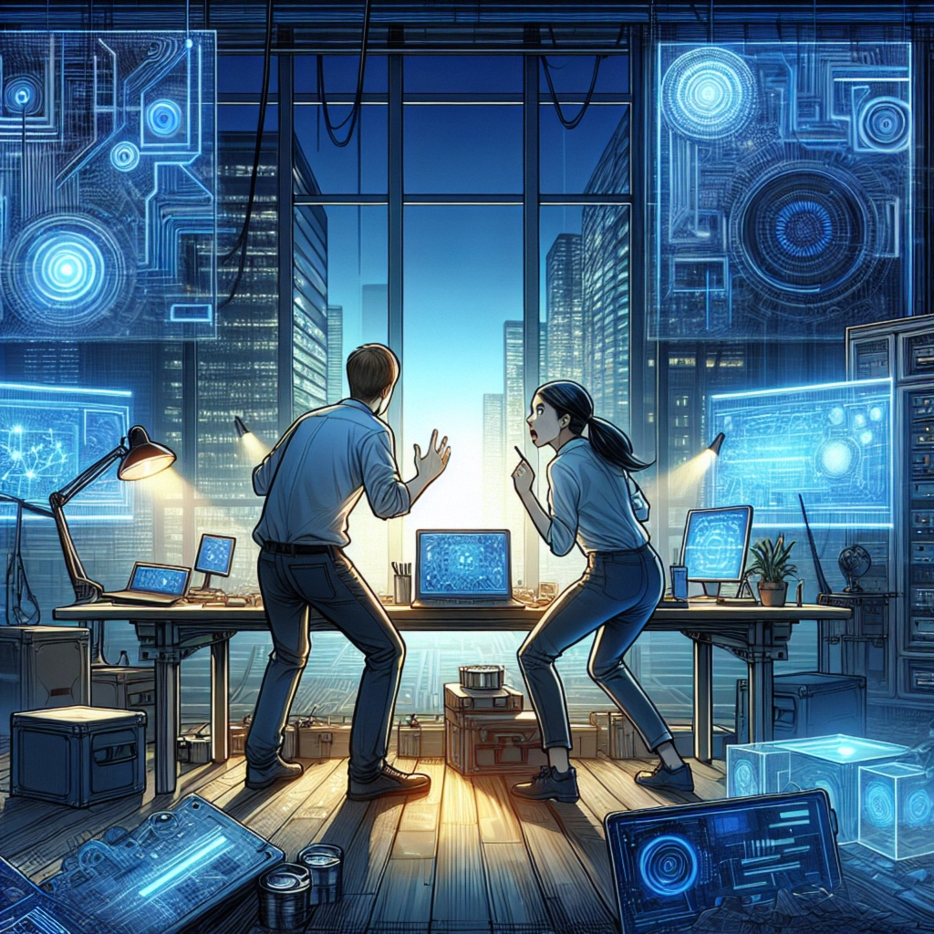 ** Two people in an tech-filled office amazed by glowing screens, skyscrapers seen through large windows.