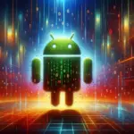 Grünes Android-Symbol vor einem bunten, binären Datenhintergrund.