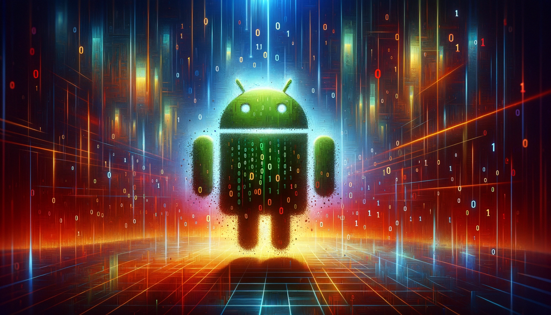 ** Neon Android figure surrounded by glowing binary code on a vibrant digital background.