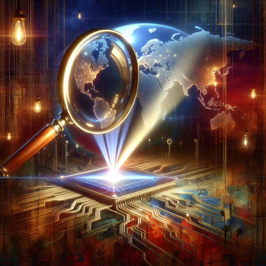 ** Futuristic magnifying glass over a glowing circuit board and world map.