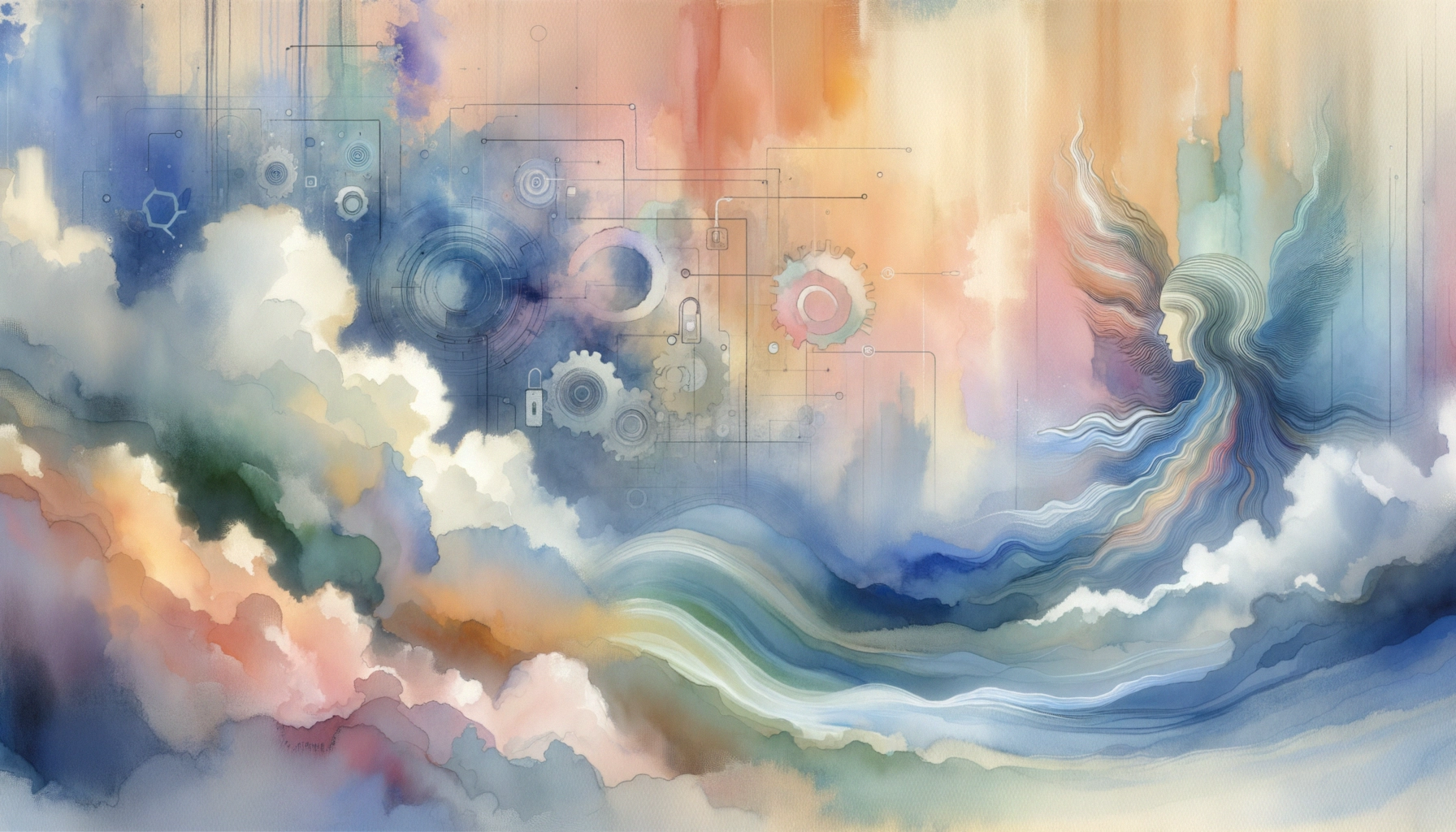 ** Ethereal clouds blend with gears and abstract colors, hinting at a divine presence.