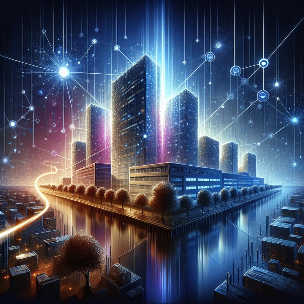 ** Futuristic cityscape with glowing skyscrapers and reflections in water.