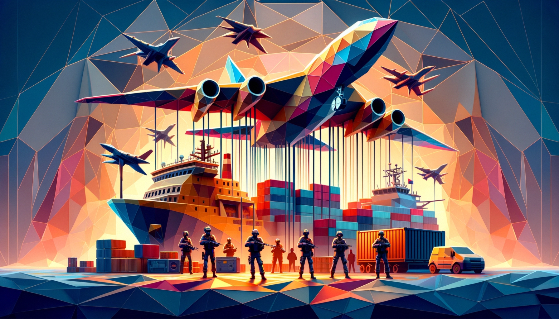 ** A stylized scene featuring soldiers, planes, and cargo ships in a colorful, geometric landscape.