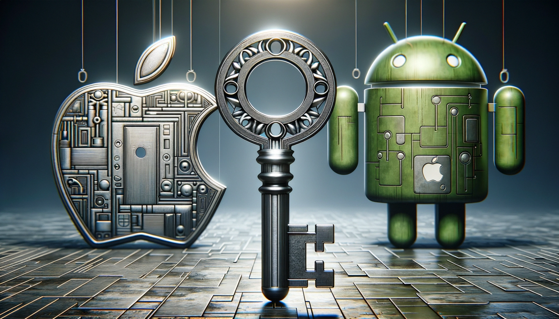 ** Metallic key foreground framed by Apple and Android icons with intricate designs.