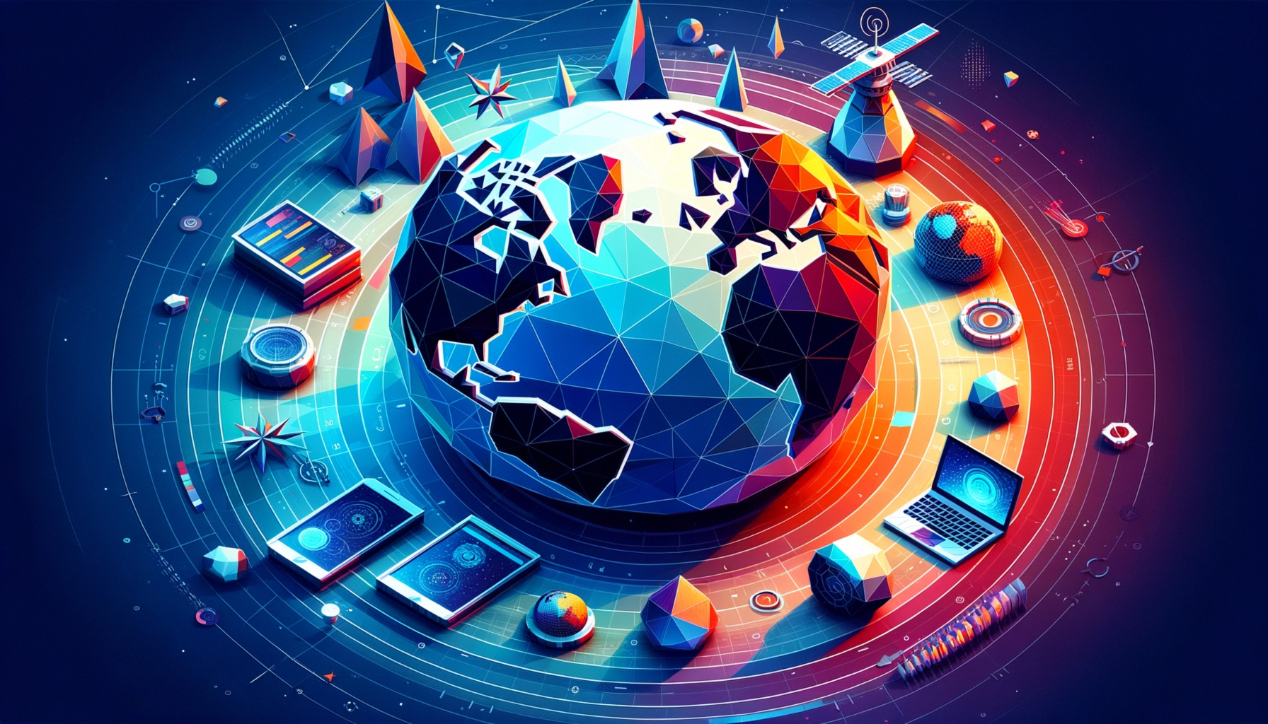 ** Colorful, geometric illustration of Earth surrounded by tech devices and abstract shapes.