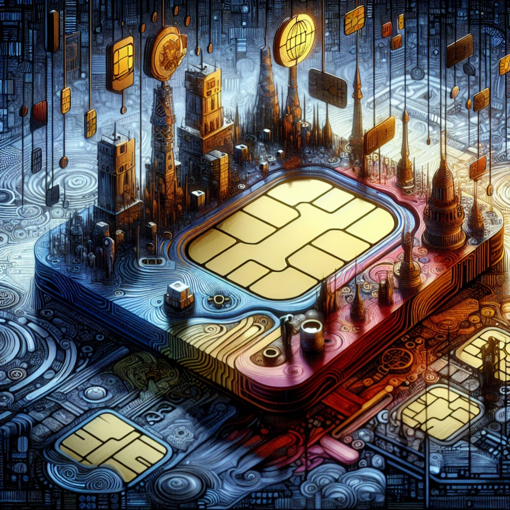 ** An abstract cityscape with a central SIM card, surrounded by towers and digital elements, glowing in various colors.