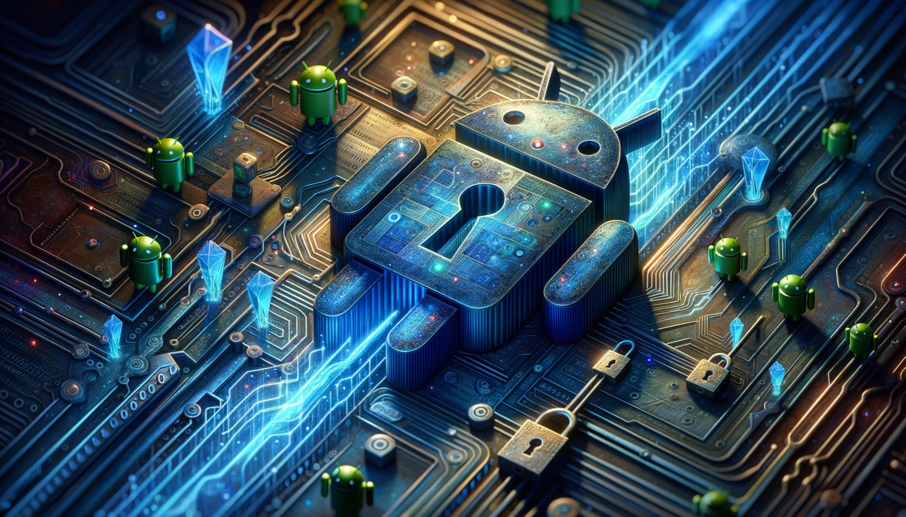 ** A stylized Android logo on a circuit board surrounded by locks and crystals.