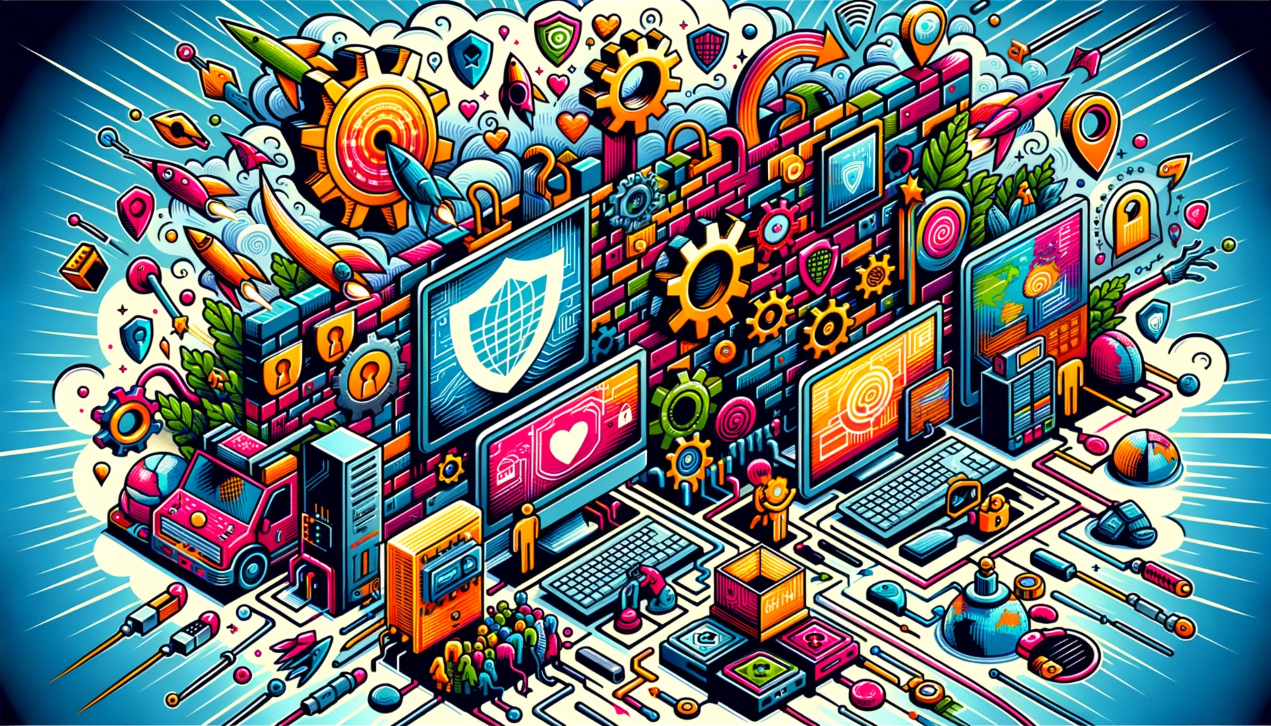 ** Colorful digital landscape with computers, gears, and whimsical icons representing technology and security.