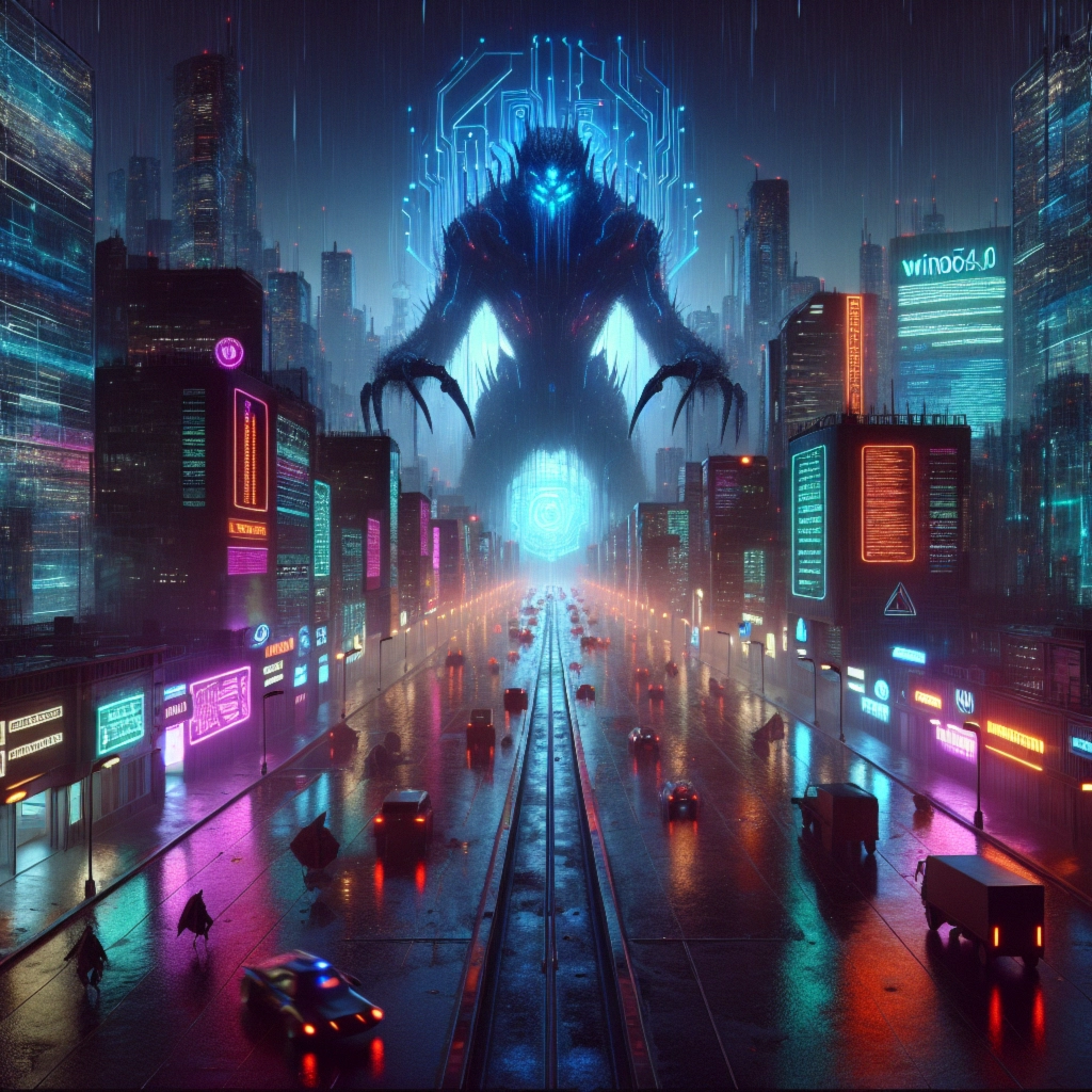 ** A cyberpunk city skyline with a looming monster and neon lights, under rain.