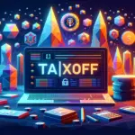 Комп'ютер з написом "TAX OFF" серед грошових символів і графічних елементів.