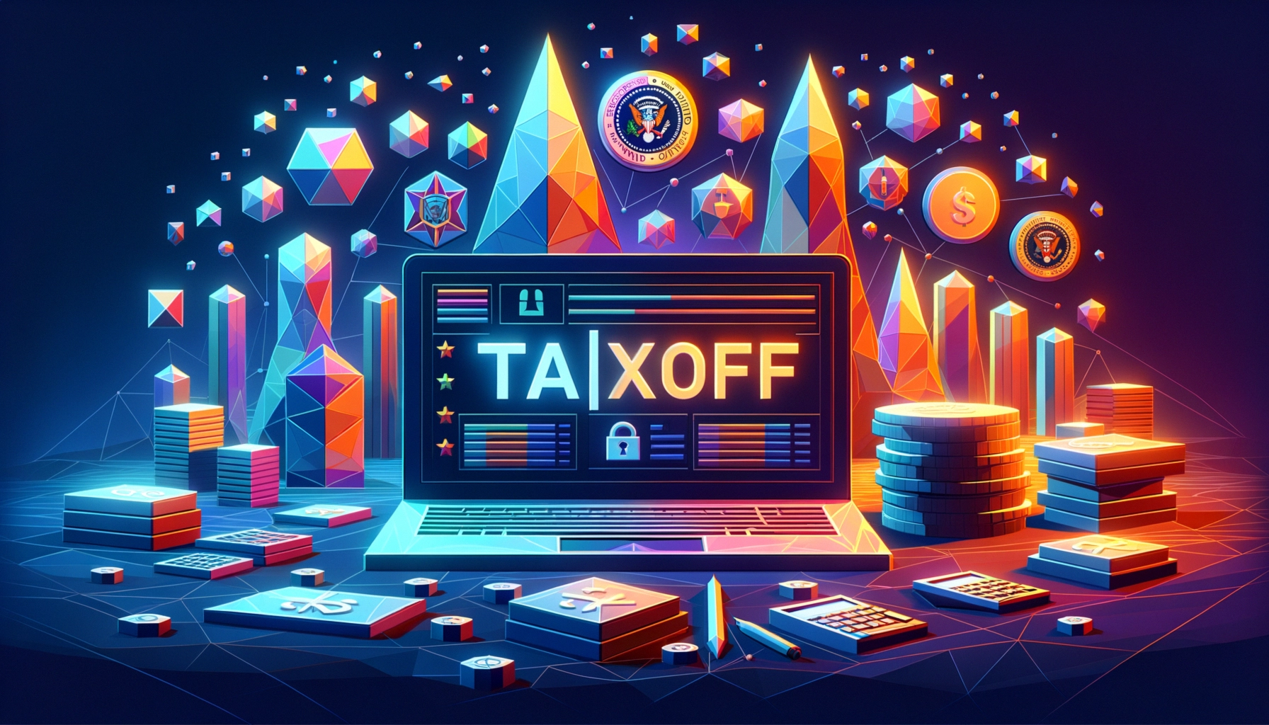 ** Colorful digital scene with a laptop displaying "TAX OFF," surrounded by financial symbols and geometric shapes.