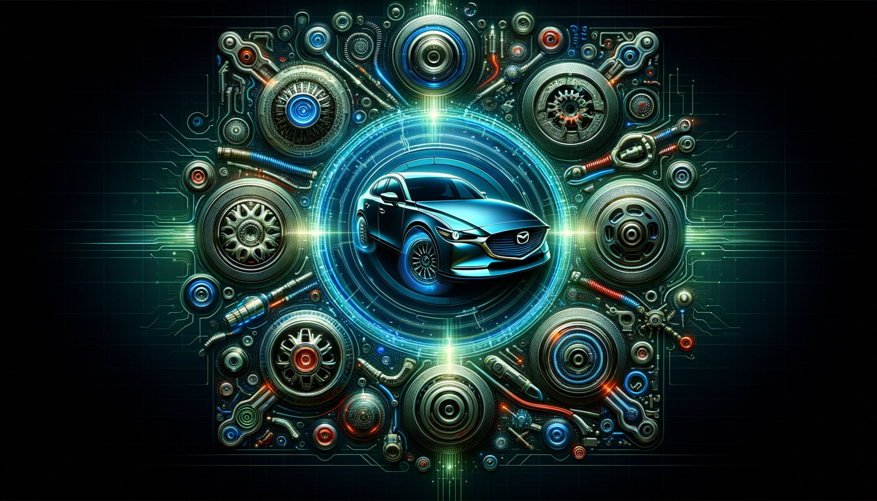 ** A sleek blue car surrounded by intricate metallic gears and technology elements.