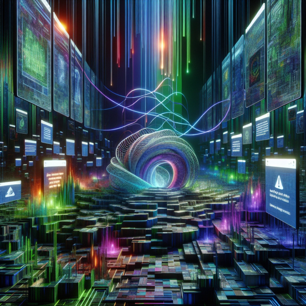 ** Colorful digital environment with swirling patterns and neon screens displaying data.