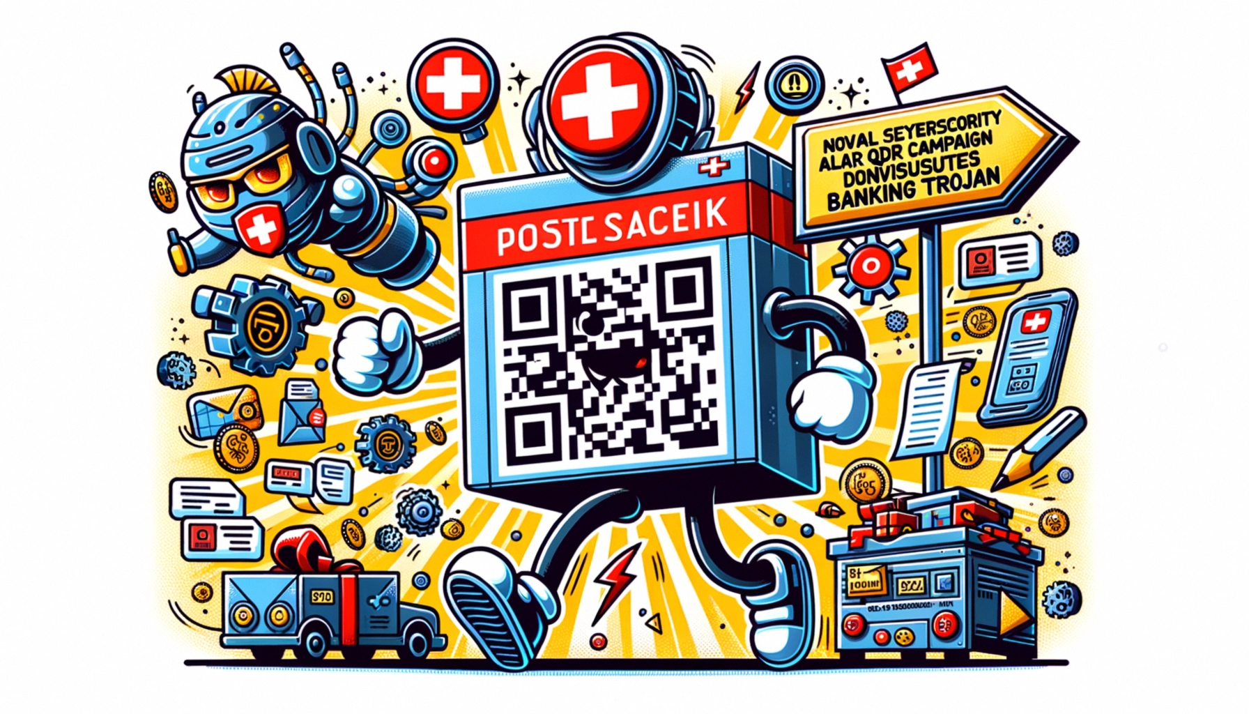 ** Colorful illustration of a QR code package amidst robots and tech elements, warning about cybersecurity threats.