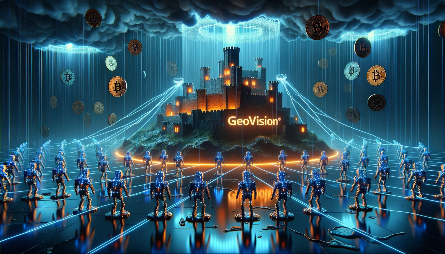 ** A futuristic landscape with a digital castle, robotic figures, and floating Bitcoin coins.