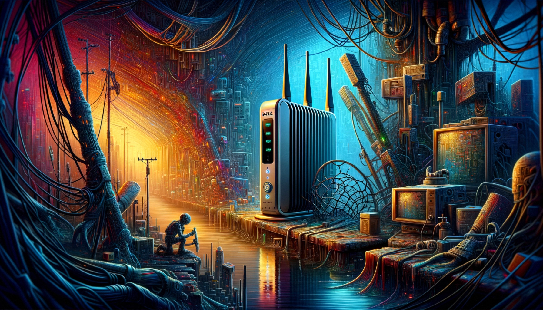 ** Surreal cityscape with a router, cables, and a child sitting by a glowing waterway.